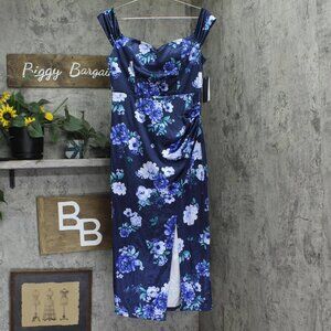 City Studios Womens Printed Off-the-Shoulder Midi Dress Navy Blue 13 / 14